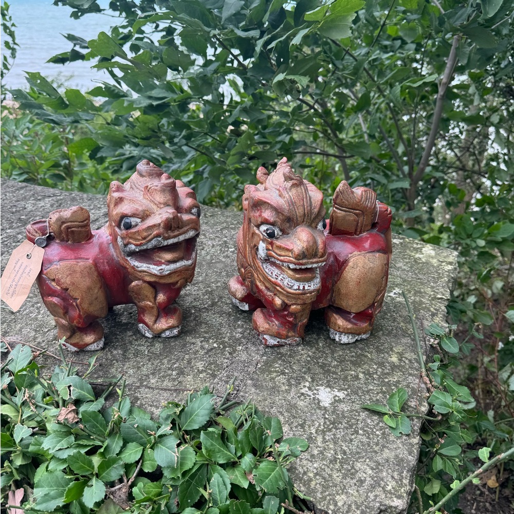 2 Vintage Carved Wood Thai Guardian Foo Dog Statues - Picture 6 of 16